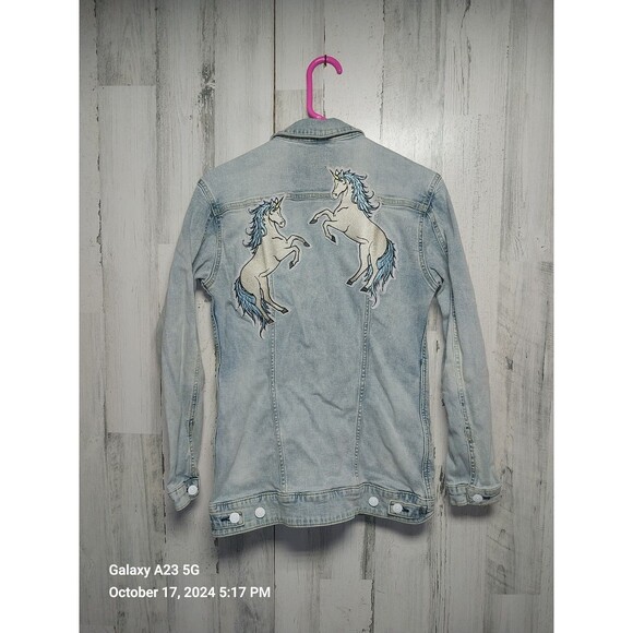 Lularoe Unicorn Jean Jacket Womens Size Small Denim Light Wash Applique Distress - Picture 1 of 8